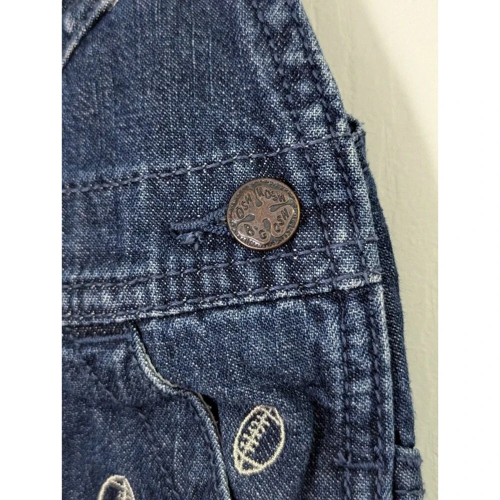 VTG OshKosh Bgosh Jean Overalls 12 Months Embroidered Footballs Blue Denim Logo